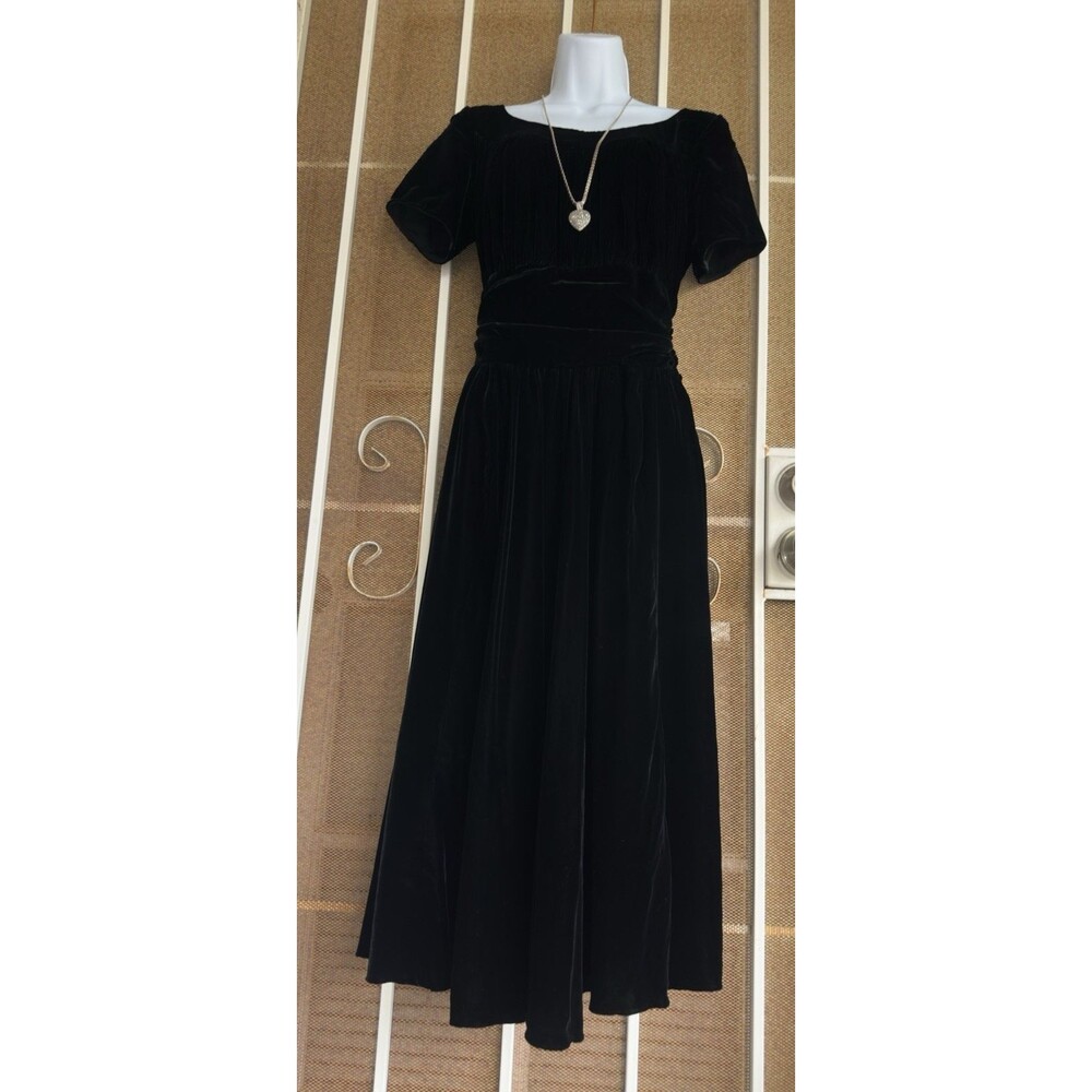 Vintage 60s Black Velvet Midi Dress Ruched S Sleeves Talon Zip S/M Unbranded